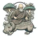a peacefull monk on the back of a hippo surrounded by magic mushrooms tattoo design idea