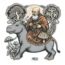 a peacefull monk on the back of a hippo surrounded by magic mushrooms tattoo design idea
