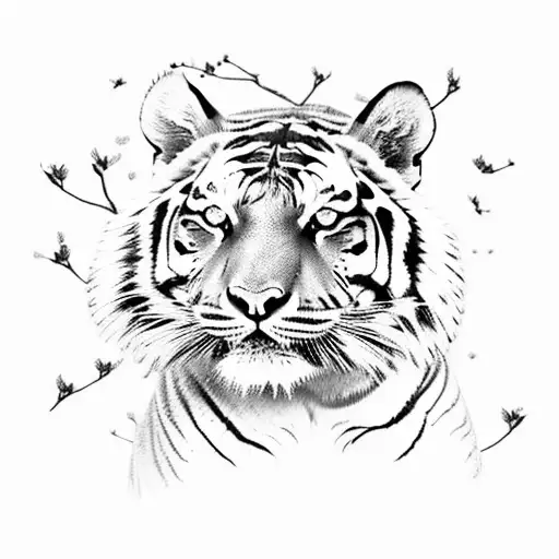 Tiger on a flower tree with birds and lightning tattoo design idea