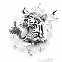 Tiger on a flower tree with birds and lightning tattoo design idea