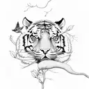 Tiger on a flower tree with birds and lightning tattoo design idea