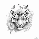 Tiger on a flower tree with birds and lightning tattoo design idea