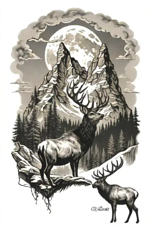 elk with antlers wolf howling mountains  tattoo design idea