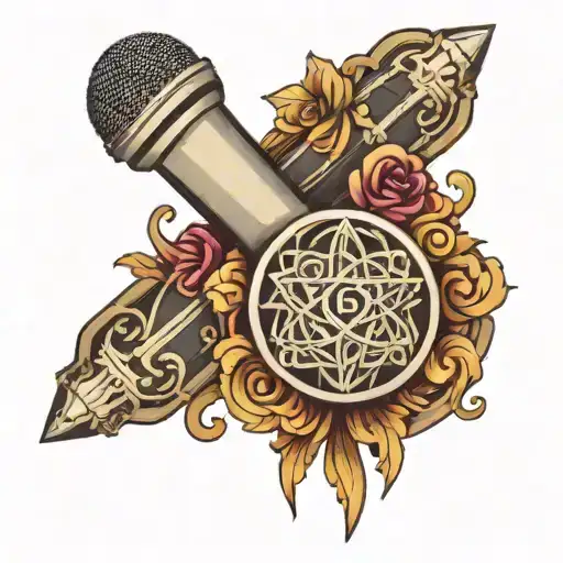 A stylized microphone intertwined with intricate religious symbols tattoo design idea