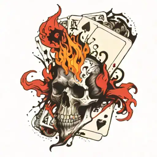black jack cards surrounded by flame behind ram skull tattoo design idea