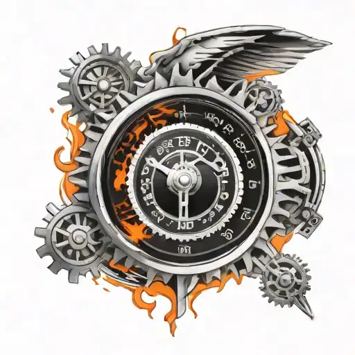 A speedometer dial with a fiery background, incorporating mechanical gears and music notes tattoo design idea