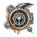 A speedometer dial with a fiery background, incorporating mechanical gears and music notes tattoo design idea
