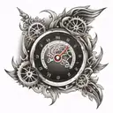 A speedometer dial with a fiery background, incorporating mechanical gears and music notes tattoo design idea