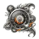 A speedometer dial with a fiery background, incorporating mechanical gears and music notes tattoo design idea