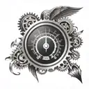 A speedometer dial with a fiery background, incorporating mechanical gears and music notes tattoo design idea