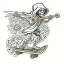 Grim reaper skeleton on a skateboard, holding a scythe but the blade is a mosaic flower tattoo design idea