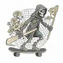 Grim reaper skeleton on a skateboard, holding a scythe but the blade is a mosaic flower tattoo design idea