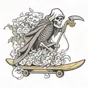 Grim reaper skeleton on a skateboard, holding a scythe but the blade is a mosaic flower tattoo design idea