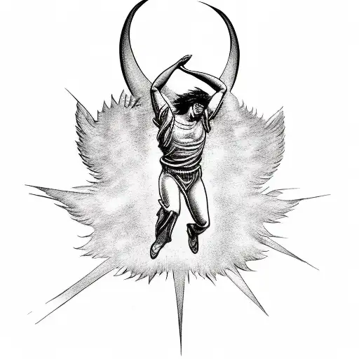 icarus falling from the sky with the sun above him and his wings falling apart tattoo design idea