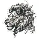 create a tattoo of a lion head with a Roman numeral clock for one eye cracking out the head and add a king crown tattoo design idea