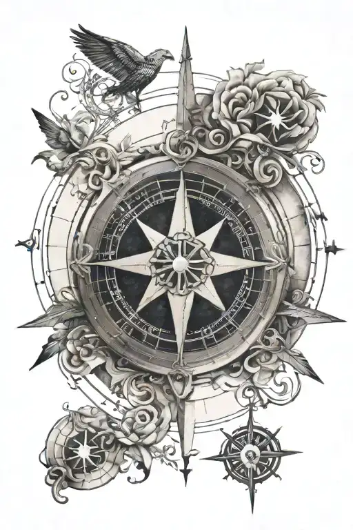 A celestial compass design with each direction pointing towards a different family member, guiding you through life's journey and connecting you to your loved ones in heaven tattoo design idea