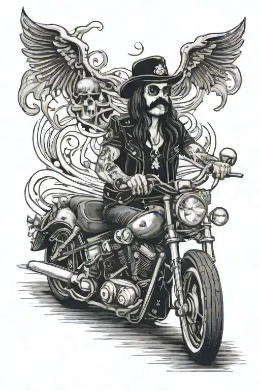 lemmy from motorhead as a skeleton with a motorcycle  tattoo design idea