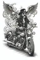 lemmy from motorhead as a skeleton with a motorcycle  tattoo design idea