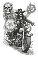 lemmy from motorhead as a skeleton with a motorcycle  tattoo design idea