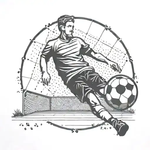 A dotwork tattoo of a soccer field with a small figure representing your son scoring a goal tattoo design idea