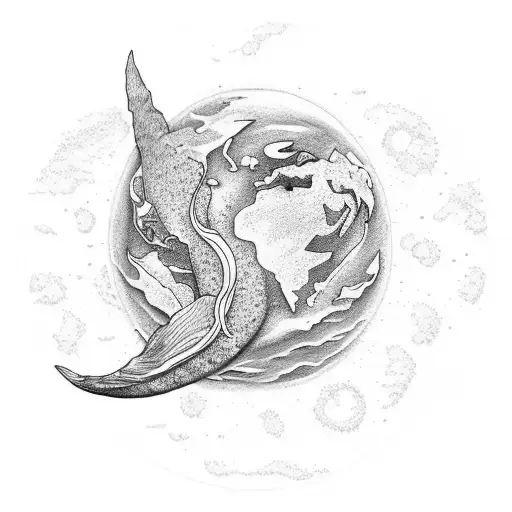 Planet earth on top, separated but below it a coral and separated but below it a mermaid fin. tattoo design idea