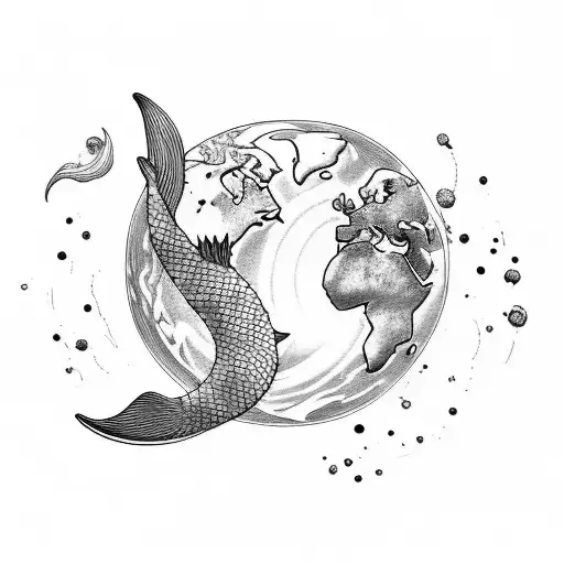 Planet earth on top, separated but below it a coral and separated but below it a mermaid fin. tattoo design idea