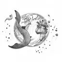 Planet earth on top, separated but below it a coral and separated but below it a mermaid fin. tattoo design idea