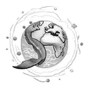 Planet earth on top, separated but below it a coral and separated but below it a mermaid fin. tattoo design idea
