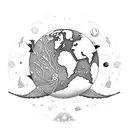 Planet earth on top, separated but below it a coral and separated but below it a mermaid fin. tattoo design idea