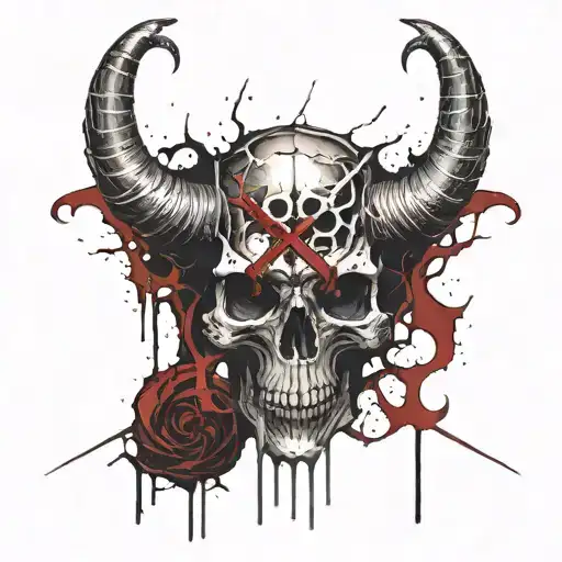 Dark broke Satanic Skull with horns, cracked and bleeding. dark black and blood red. golden cross. demonic tattoo design idea