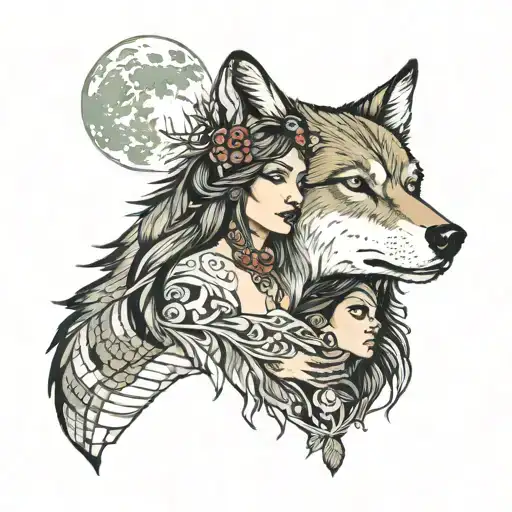 wolf with woman indian forest moon tattoo design idea