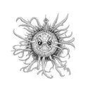 two inside fish from Hunter X Hunter, coming out of a chrysanthemum, from the shoulder to the arm, forming a sleeve tattoo design idea