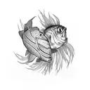 two inside fish from Hunter X Hunter, coming out of a chrysanthemum, from the shoulder to the arm, forming a sleeve tattoo design idea