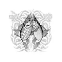 two inside fish from Hunter X Hunter, coming out of a chrysanthemum, from the shoulder to the arm, forming a sleeve tattoo design idea