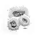 two inside fish from Hunter X Hunter, coming out of a chrysanthemum, from the shoulder to the arm, forming a sleeve tattoo design idea