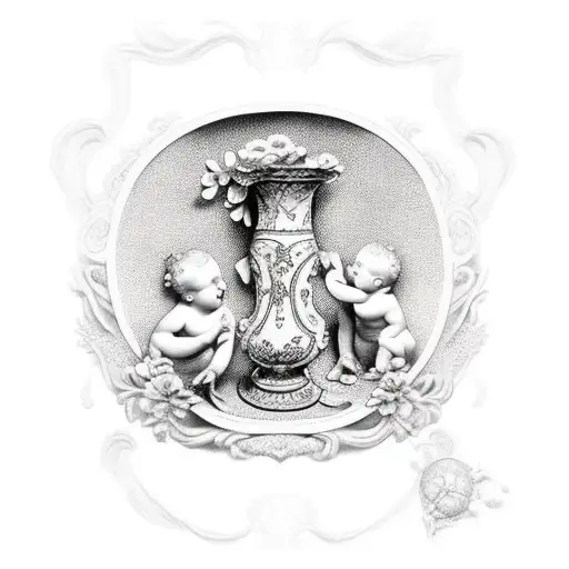 vase with cherubs tattoo design idea