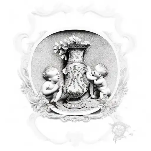 vase with cherubs tattoo design idea