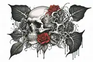 skull growing mushrooms with rose tattoo design idea