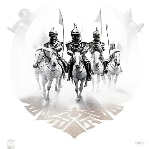 knights on horses riding away from burning village tattoo design idea