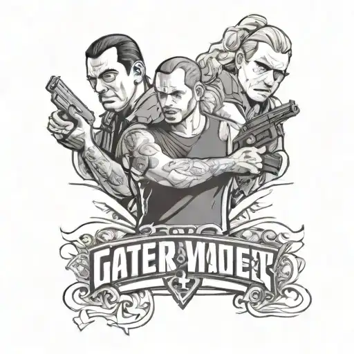 Create a sleeve tattoo featuring iconic video game characters from GTA V in a black-grey style tattoo design idea