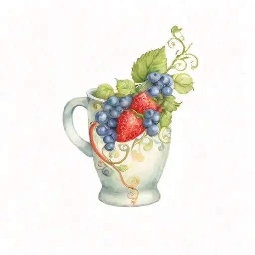 A realistic cup of coffee with vines of strawberries, grapes, apples, and blueberries surrounding it with color. tattoo design idea