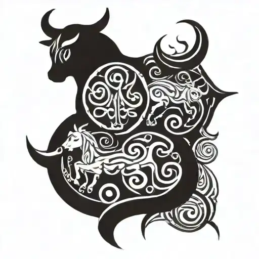2 Taurus symbols, 1 Gemini, Pisces, Virgo symbols inside each other tattoo design idea