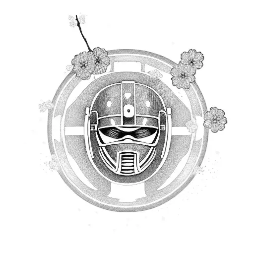 A Spartan helmet adorned with Japanese cherry blossoms in a blackwork style tattoo design idea