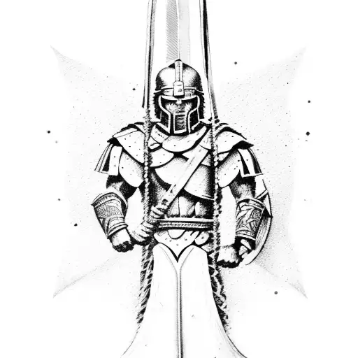 A Spartan warrior wielding a sword in a dotwork style tattoo design idea