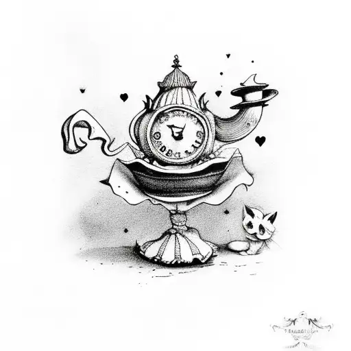 A whimsical Alice in Wonderland cupcake with a touch of darkness in the background tattoo design idea