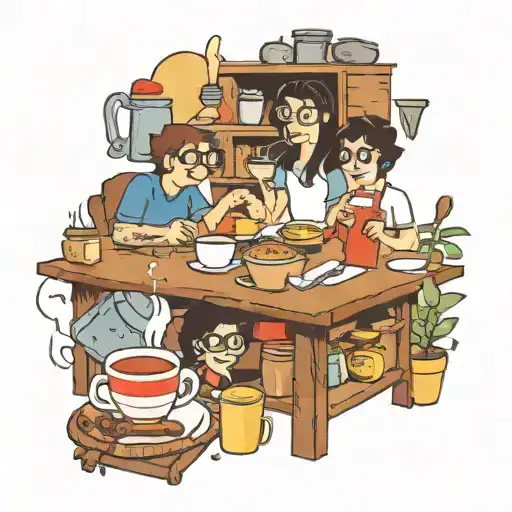 A traditional style tattoo featuring a cozy kitchen scene with baking tools, coffee mugs, and Harry Potter-themed decorations, all framed by a border of Bob's Burgers characters enjoying a meal together tattoo design idea