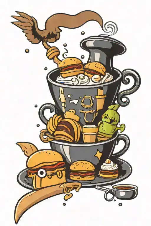 A whimsical tattoo design featuring a baking-themed scene with coffee cups and pastries intertwined, incorporating elements of Harry Potter and Bob's Burgers tattoo design idea