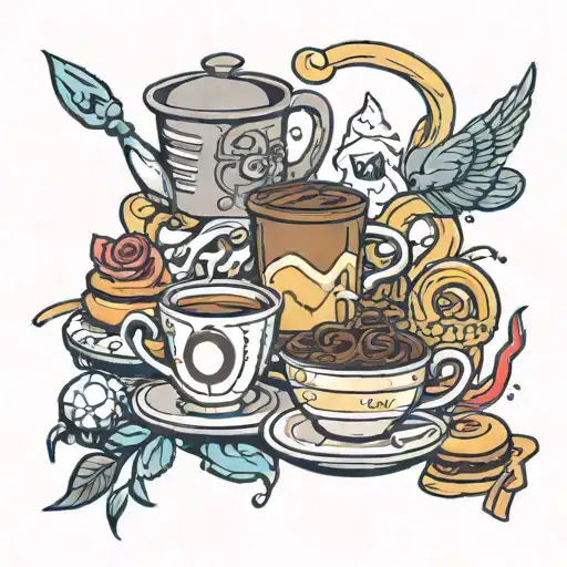 A whimsical tattoo design featuring a baking-themed scene with coffee cups and pastries intertwined, incorporating elements of Harry Potter and Bob's Burgers tattoo design idea