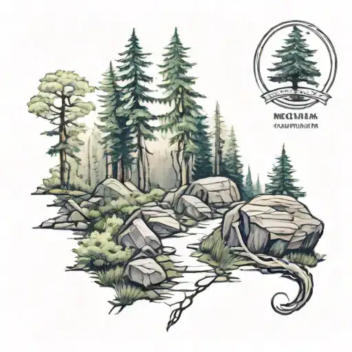 A realistic tattoo of a hiking trail winding through a magical forest inspired by Harry Potter, with subtle nods to Bob's Burgers characters hidden among the trees tattoo design idea