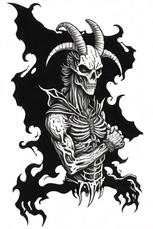 goat man. skull. he has big bat wings. fit. angry. flaming eyes. chain. fists. devily. siriously tattoo design idea